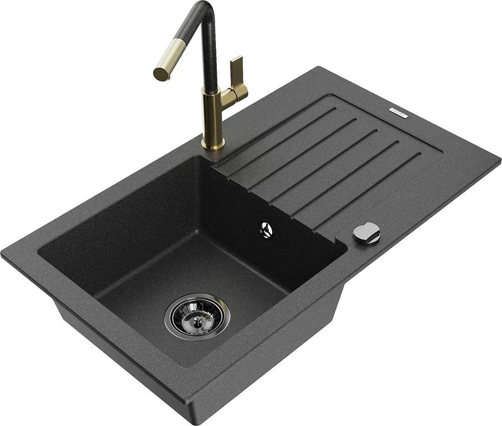 Granitinė virtuvinė plautuvė Mexen Pablo su maišytuvu ir sifonu, Juodas granite+Juodas granite/Gold