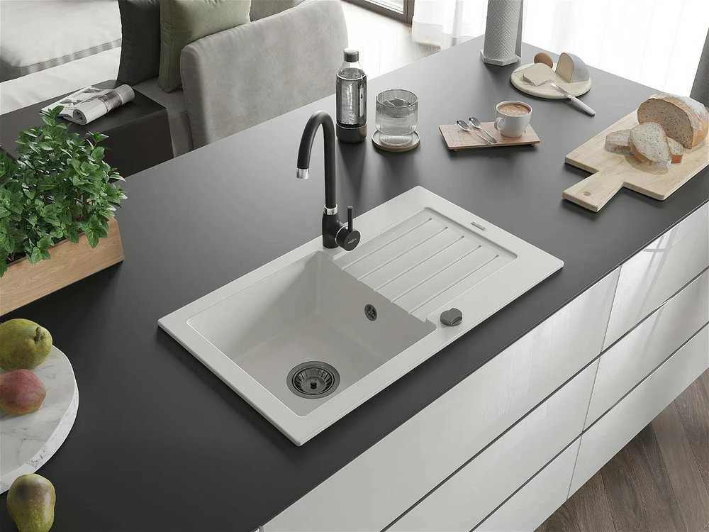 Granitinė virtuvinė plautuvė Mexen Pablo su sifonu, Baltas+Juodas, 752 x 436 mm