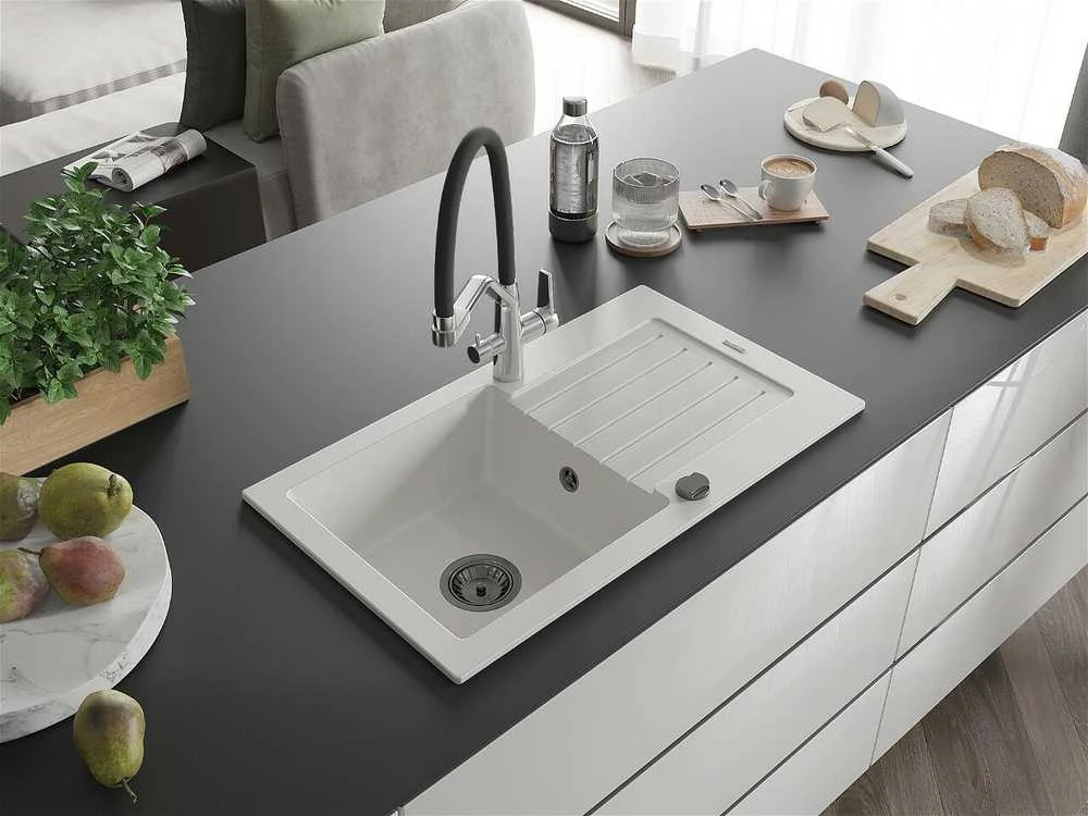 Granitinė virtuvinė plautuvė Mexen Pablo su maišytuvu ir sifonu, Baltas+Juodas/Chrome