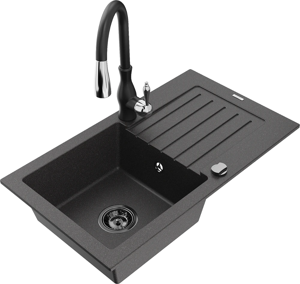 Granitinė virtuvinė plautuvė Mexen Pablo su maišytuvu ir sifonu, Juodas granite+Juodas