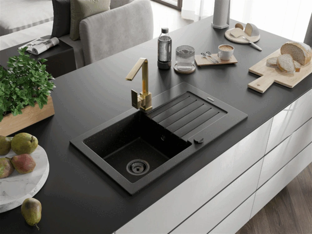 Granitinė virtuvinė plautuvė Mexen Pablo su maišytuvu ir sifonu, Metallic juodas/auksinis+Gold(B)
