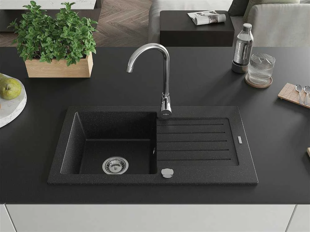 Granitinė virtuvinė plautuvė Mexen Pablo su sifonu, Metallic juodas/sidabrinis, 752 x 436 mm