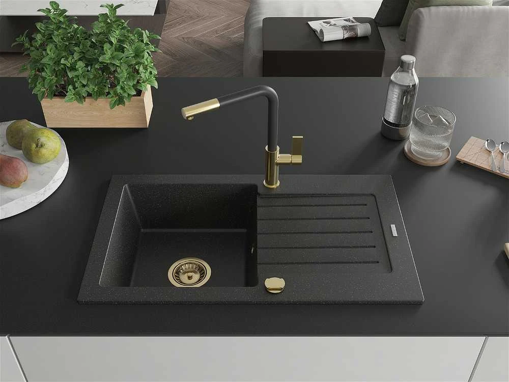 Granitinė virtuvinė plautuvė Mexen Pablo su maišytuvu ir sifonu, Metallic juodas/sidabrinis+Juodas/Gold