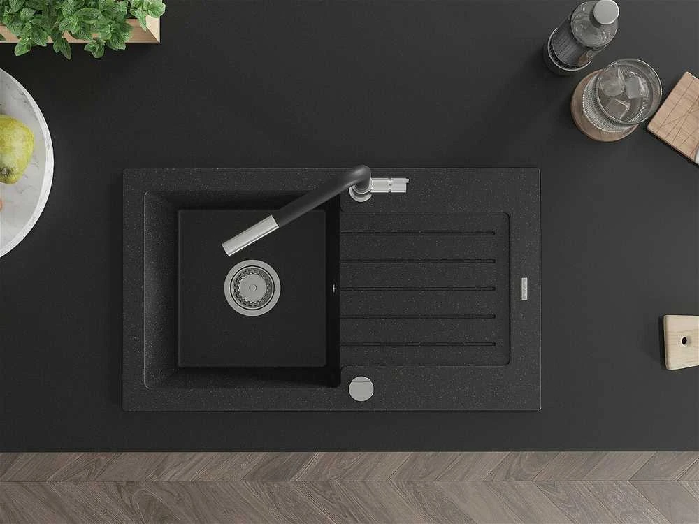 Granitinė virtuvinė plautuvė Mexen Pablo su maišytuvu ir sifonu, Metallic juodas/sidabrinis+Juodas/Chrome