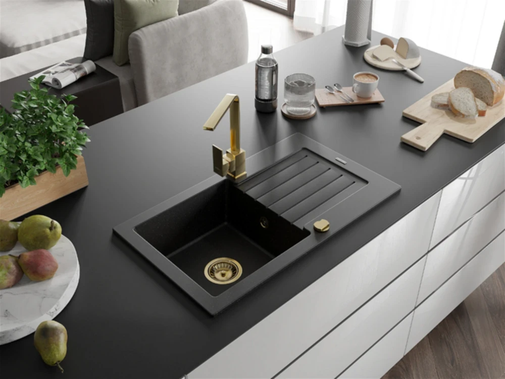 Granitinė virtuvinė plautuvė Mexen Pablo su maišytuvu ir sifonu, Metallic juodas/sidabrinis+Gold