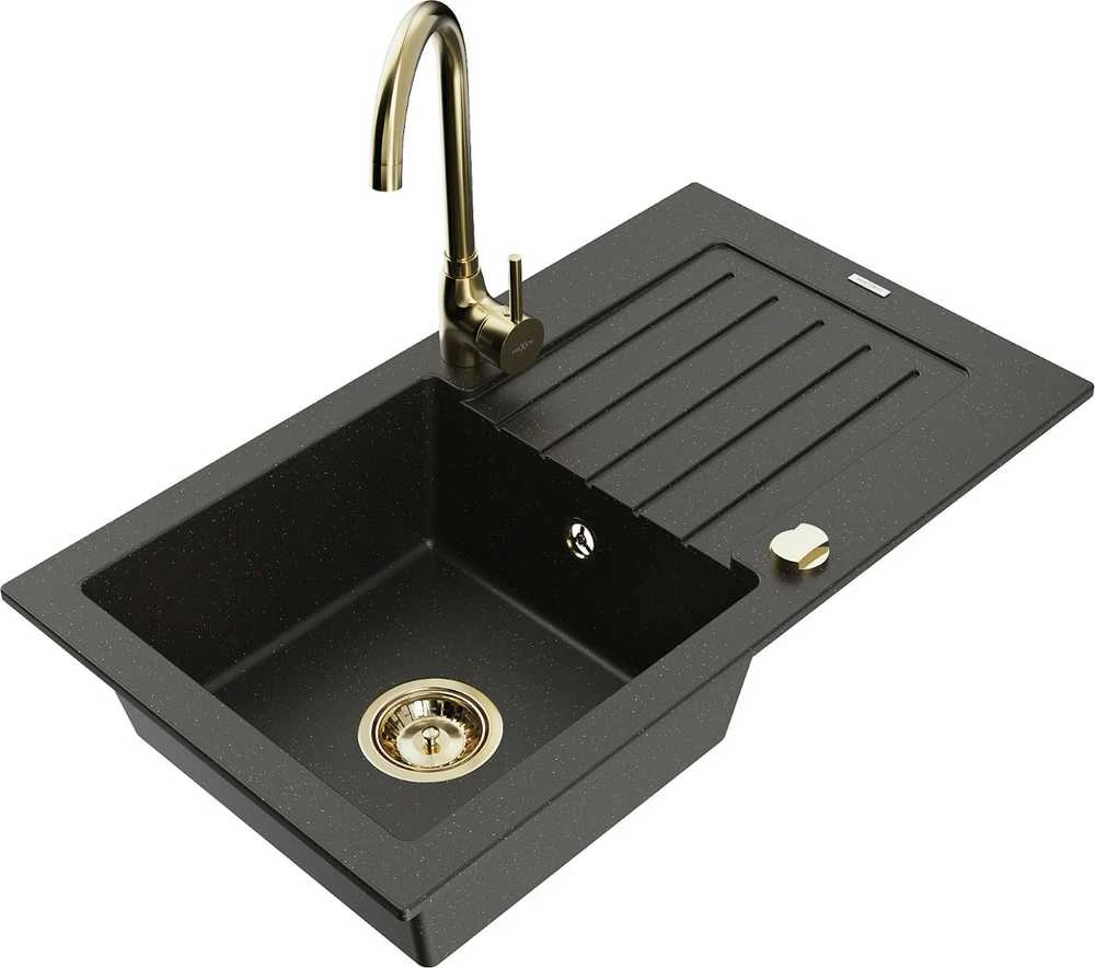 Granitinė virtuvinė plautuvė Mexen Pablo su maišytuvu ir sifonu, Metallic juodas/auksinis+Gold
