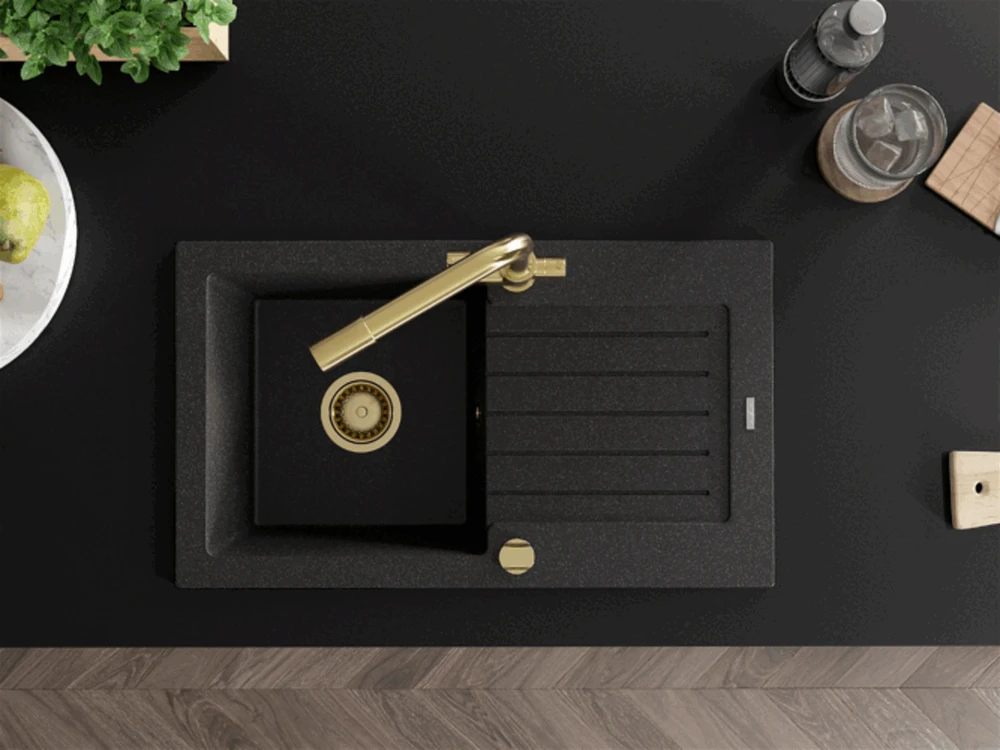 Granitinė virtuvinė plautuvė Mexen Pablo su maišytuvu ir sifonu, Juodas granite+Gold
