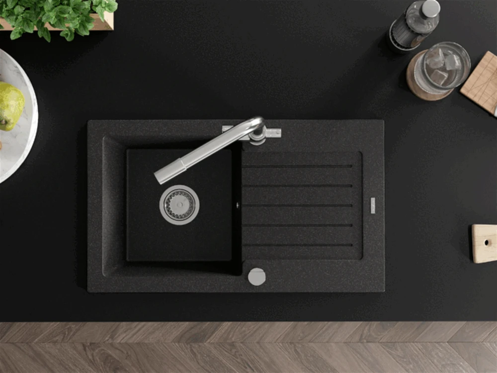 Granitinė virtuvinė plautuvė Mexen Pablo su maišytuvu ir sifonu, Juodas granite+Chrome