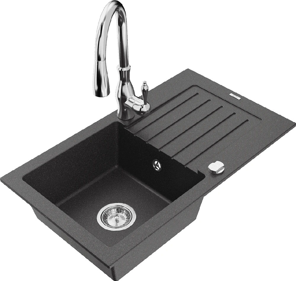 Granitinė virtuvinė plautuvė Mexen Pablo su maišytuvu ir sifonu, Juodas granite+Chrome