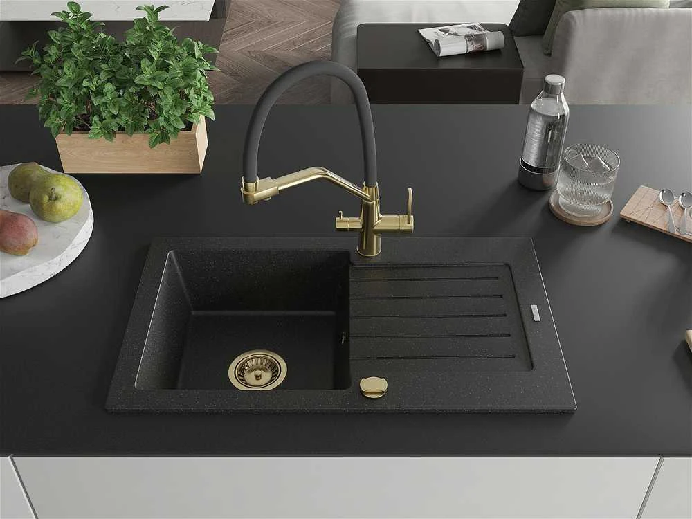 Granitinė virtuvinė plautuvė Mexen Pablo su maišytuvu ir sifonu, Metallic juodas/sidabrinis+Juodas/Gold
