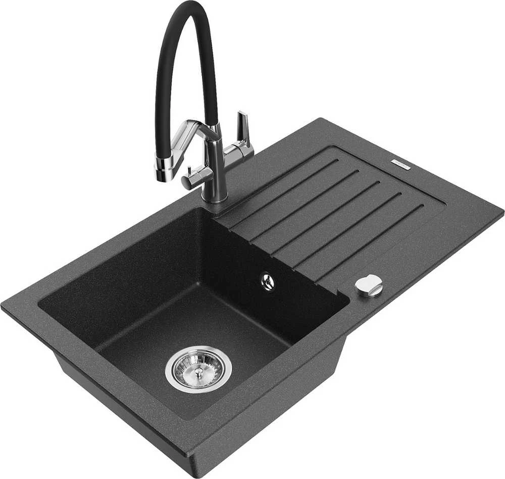 Granitinė virtuvinė plautuvė Mexen Pablo su maišytuvu ir sifonu, Juodas granite+Juodas/Chrome
