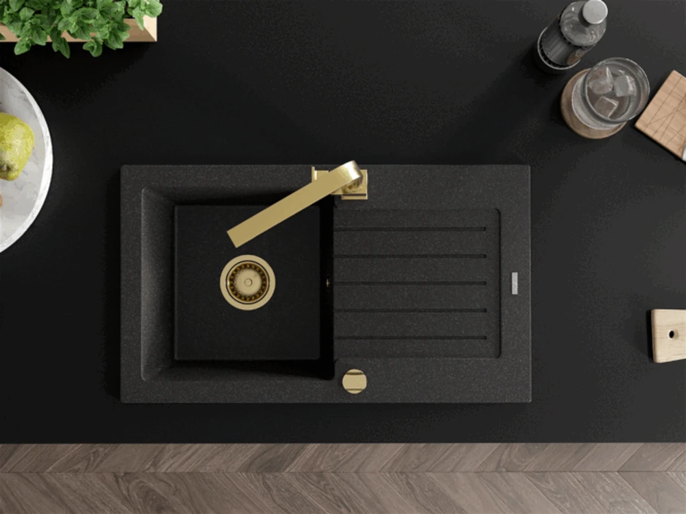 Granitinė virtuvinė plautuvė Mexen Pablo su maišytuvu ir sifonu, Juodas granite+Gold