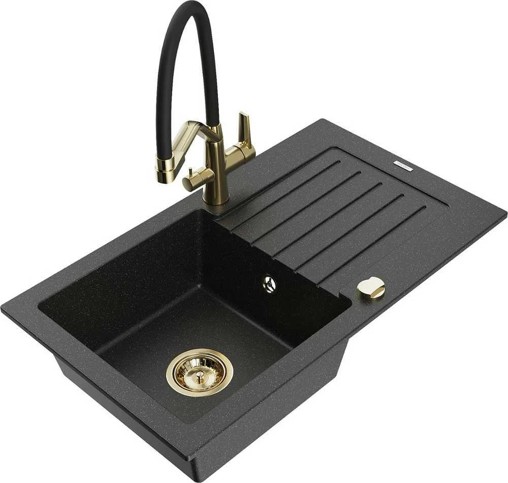 Granitinė virtuvinė plautuvė Mexen Pablo su maišytuvu ir sifonu, Metallic juodas/sidabrinis+Juodas/Gold