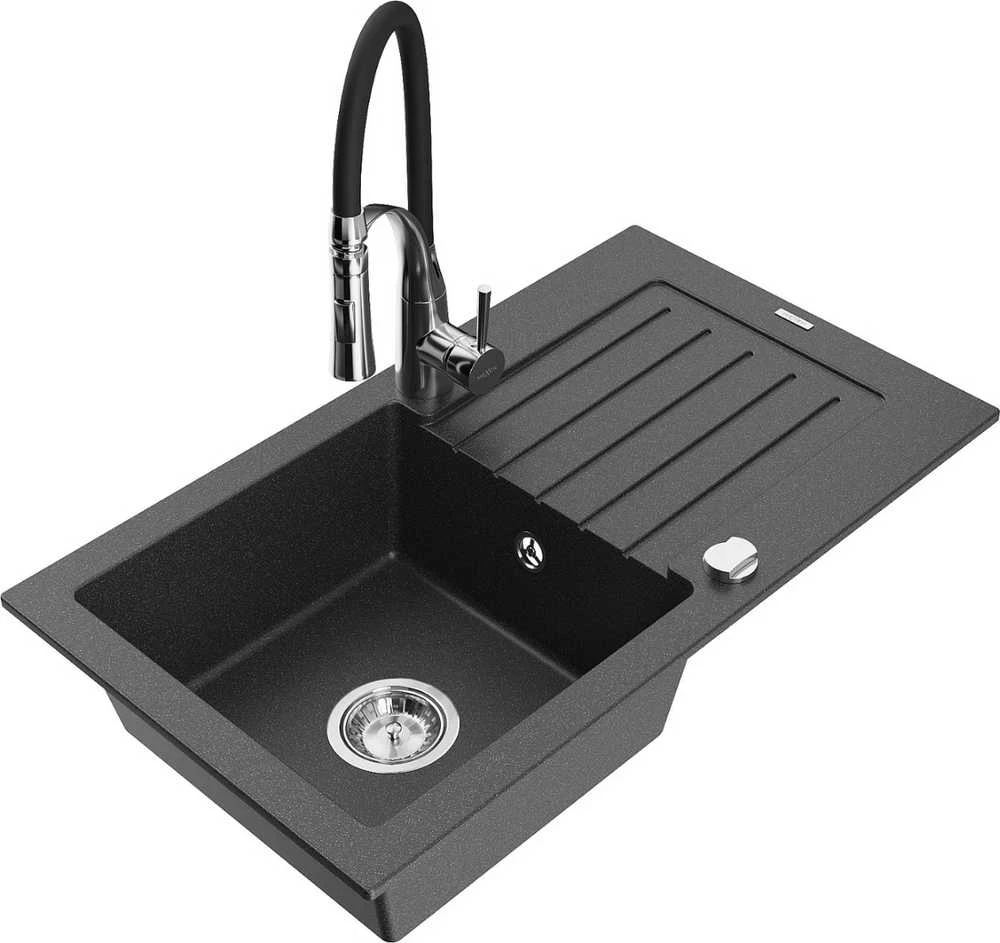 Granitinė virtuvinė plautuvė Mexen Pablo su maišytuvu ir sifonu, Juodas granite+Juodas/Chrome