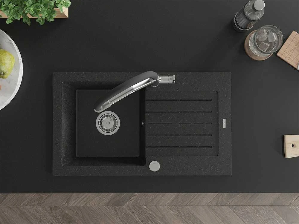 Granitinė virtuvinė plautuvė Mexen Pablo su maišytuvu ir sifonu, Metallic juodas/sidabrinis+Juodas/Chrome