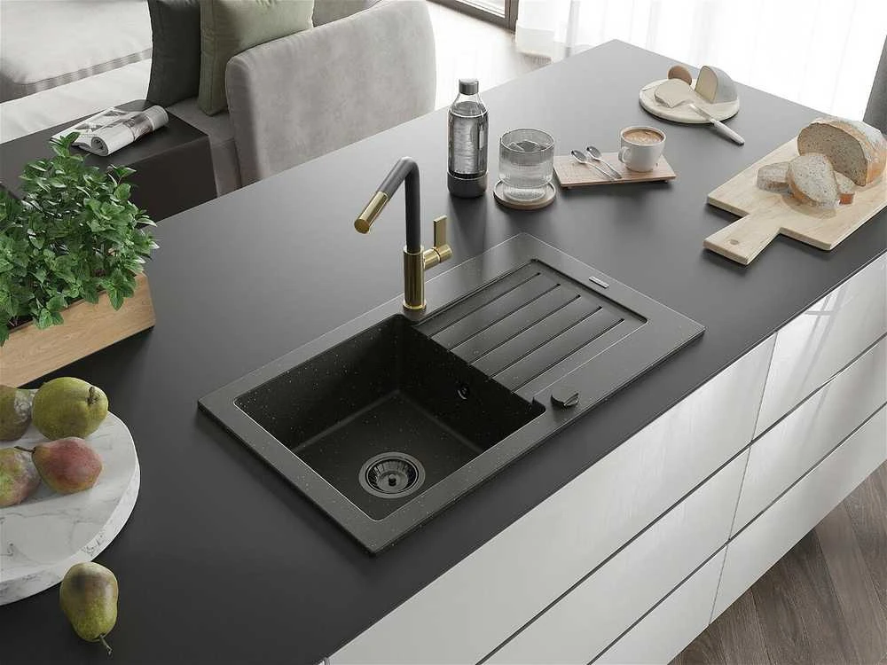Granitinė virtuvinė plautuvė Mexen Pablo su maišytuvu ir sifonu, Metallic juodas/auksinis+Juodas/Gold