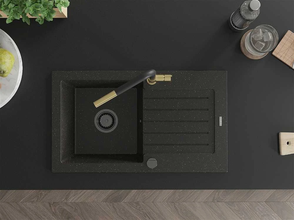 Granitinė virtuvinė plautuvė Mexen Pablo su maišytuvu ir sifonu, Metallic juodas/auksinis+Juodas/Gold