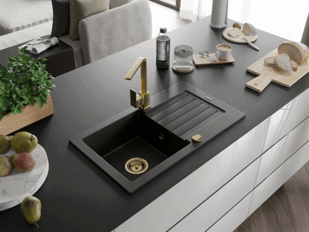 Granitinė virtuvinė plautuvė Mexen Pablo su maišytuvu ir sifonu, Metallic juodas/auksinis+Gold