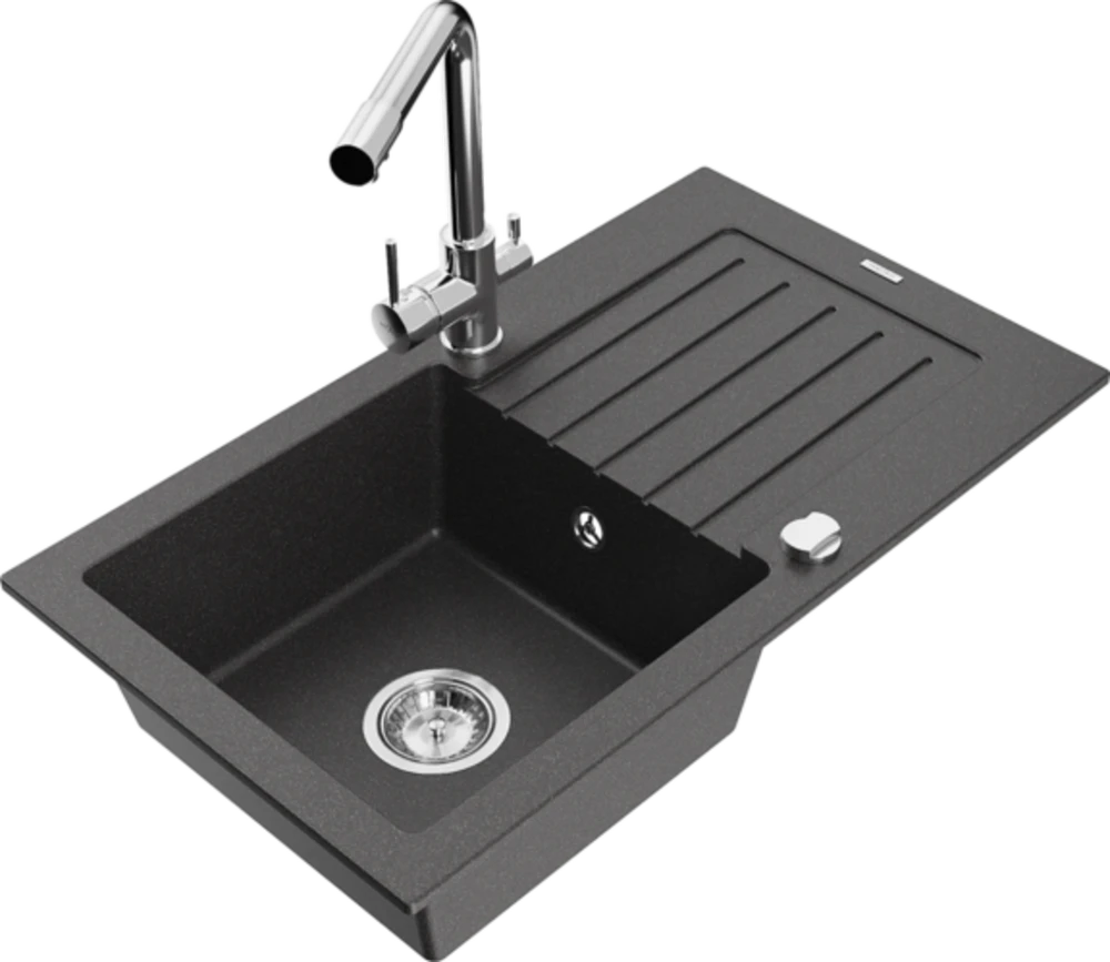 Granitinė virtuvinė plautuvė Mexen Pablo su maišytuvu ir sifonu, Juodas granite+Chrome