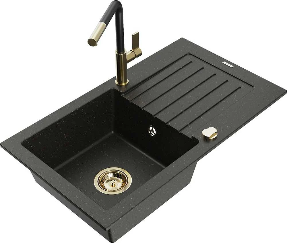 Granitinė virtuvinė plautuvė Mexen Pablo su maišytuvu ir sifonu, Metallic juodas/auksinis+Juodas/Gold