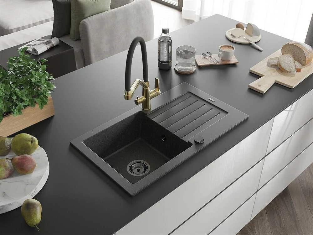 Granitinė virtuvinė plautuvė Mexen Pablo su maišytuvu ir sifonu, Juodas granite+Juodas/Gold