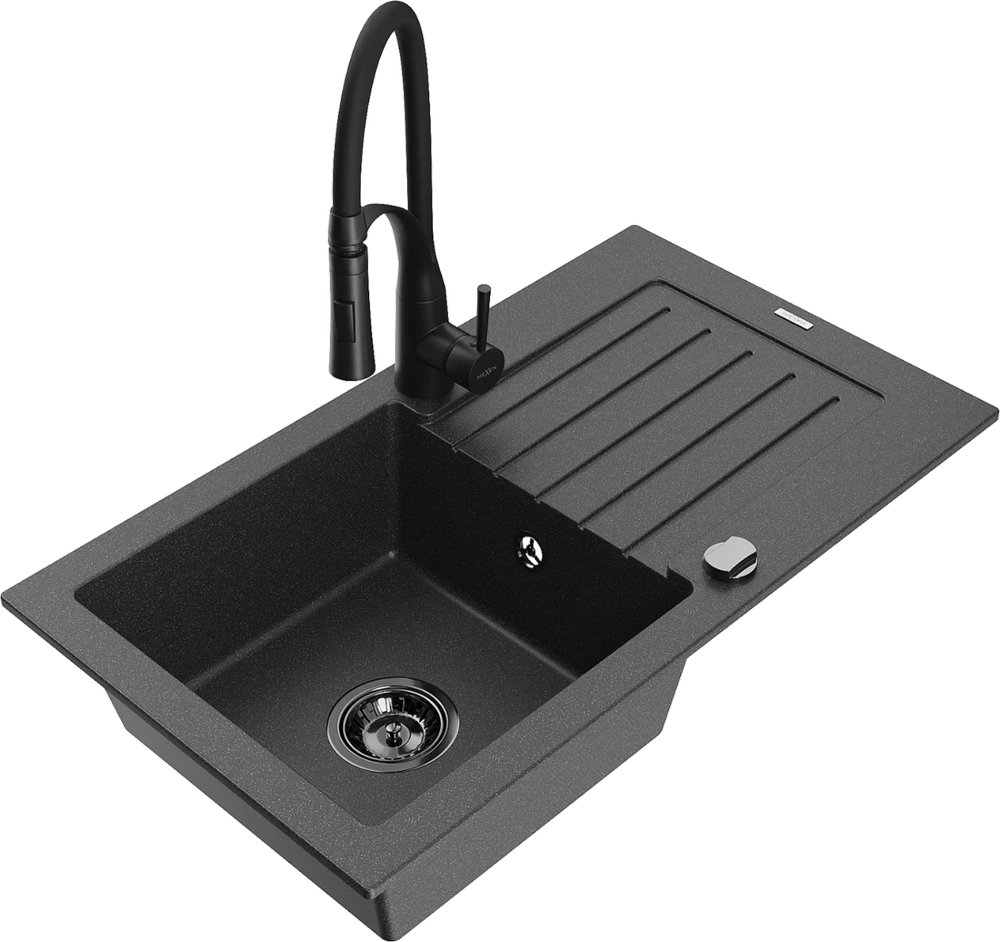 Granitinė virtuvinė plautuvė Mexen Pablo su maišytuvu ir sifonu, Juodas granite+Juodas