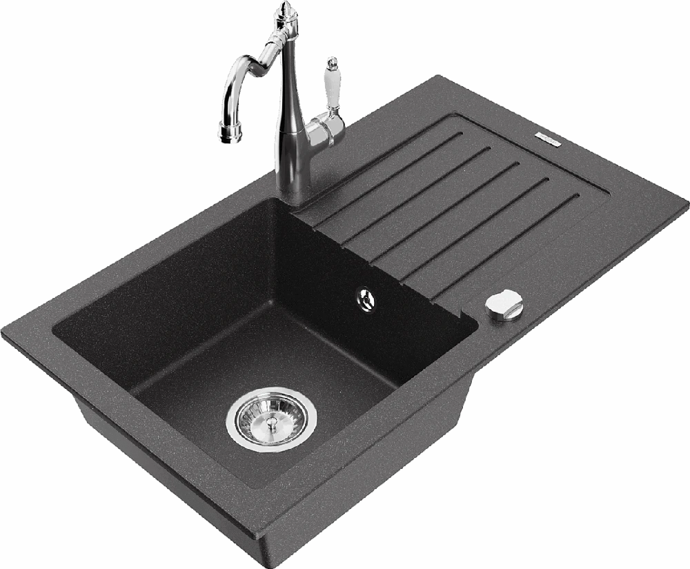 Granitinė virtuvinė plautuvė Mexen Pablo su maišytuvu ir sifonu, Juodas granite+Chrome