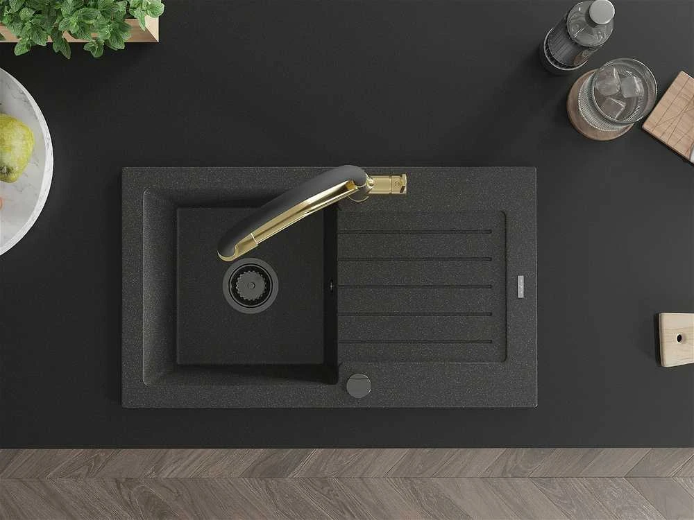 Granitinė virtuvinė plautuvė Mexen Pablo su maišytuvu ir sifonu, Juodas granite+Juodas/Gold