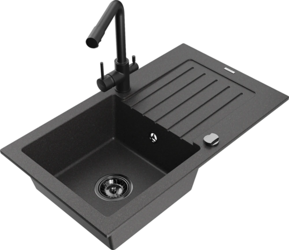 Granitinė virtuvinė plautuvė Mexen Pablo su maišytuvu ir sifonu, Juodas granite+Juodas(B)