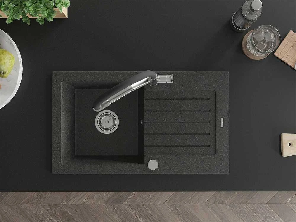Granitinė virtuvinė plautuvė Mexen Pablo su maišytuvu ir sifonu, Juodas granite+Juodas/Chrome