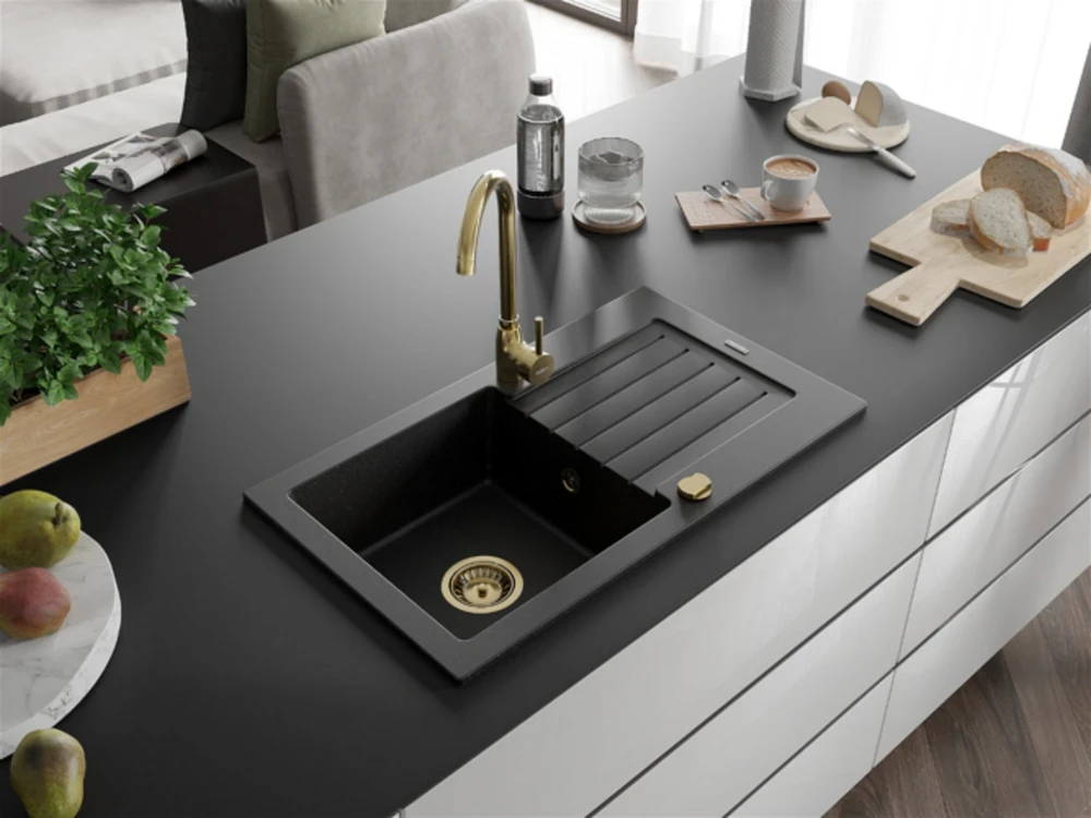 Granitinė virtuvinė plautuvė Mexen Pablo su maišytuvu ir sifonu, Metallic juodas/sidabrinis+Gold