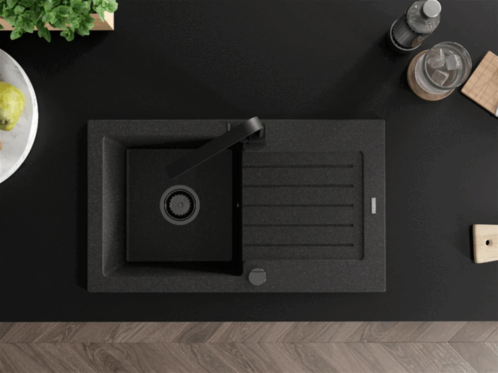 Granitinė virtuvinė plautuvė Mexen Pablo su maišytuvu ir sifonu, Juodas granite+Juodas(B)