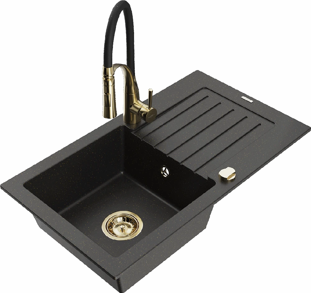 Granitinė virtuvinė plautuvė Mexen Pablo su maišytuvu ir sifonu, Metallic juodas/auksinis+Juodas/Gold