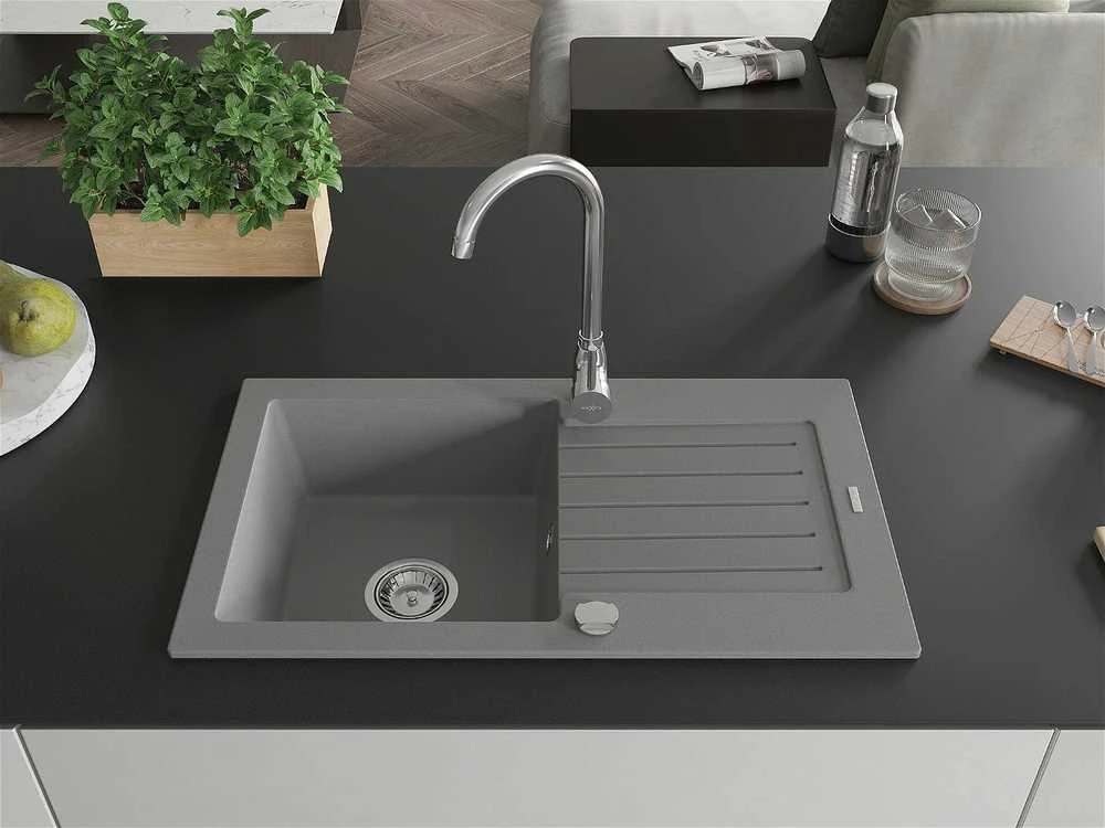 Granitinė virtuvinė plautuvė Mexen Pablo su sifonu, Pilkas, 752 x 436 mm