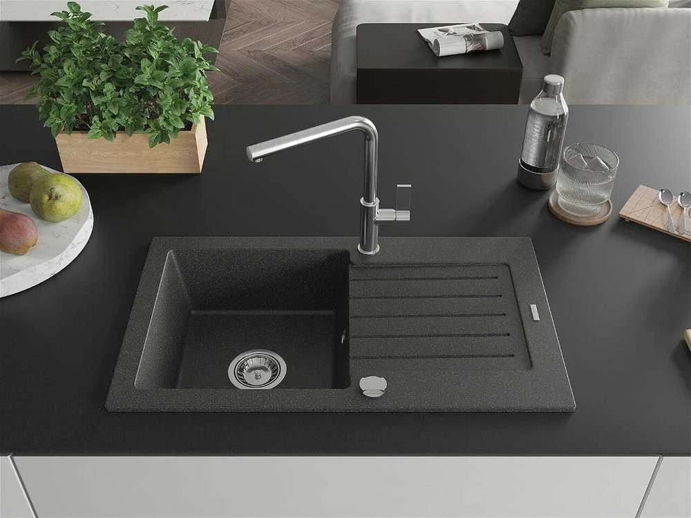 Granitinė virtuvinė plautuvė Mexen Pablo su maišytuvu ir sifonu, Juodas granite+Chrome