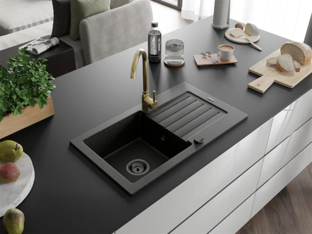 Granitinė virtuvinė plautuvė Mexen Pablo su maišytuvu ir sifonu, Metallic juodas/auksinis+Gold(B)