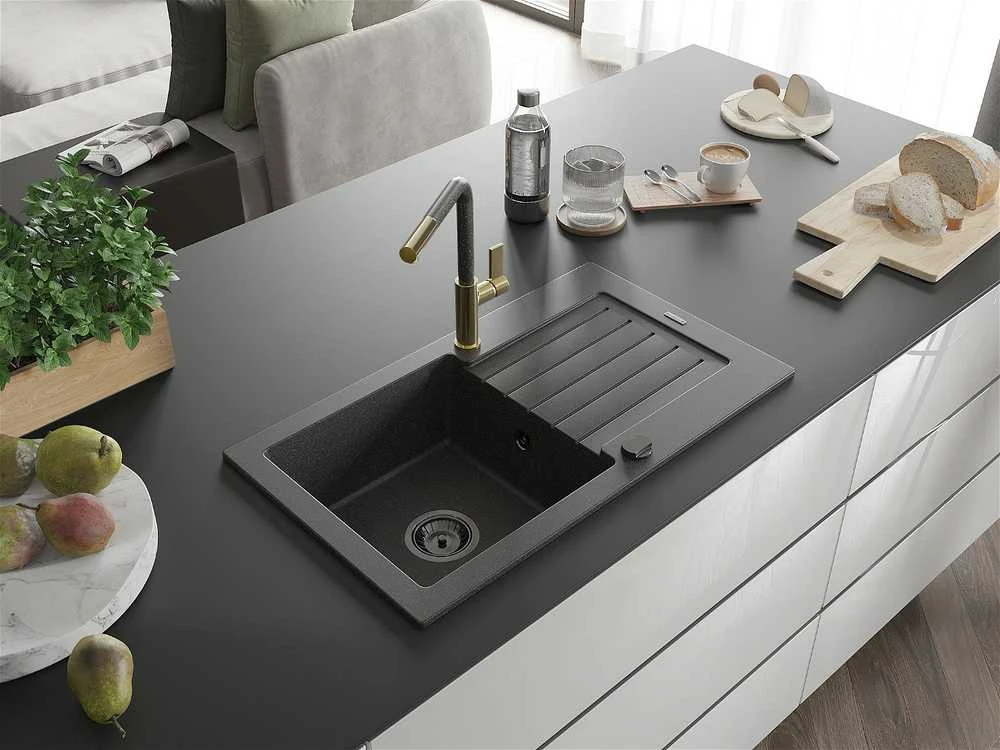 Granitinė virtuvinė plautuvė Mexen Pablo su maišytuvu ir sifonu, Juodas granite+Juodas granite/Gold