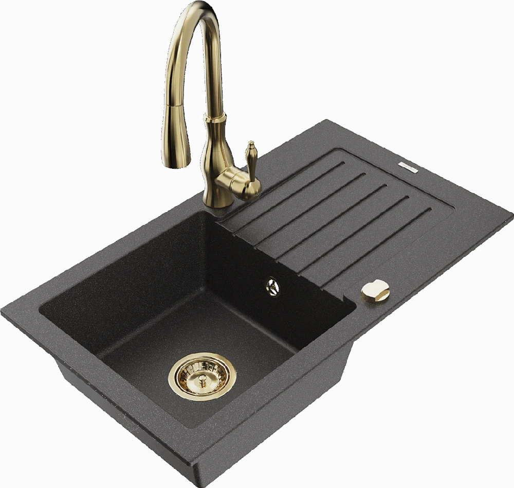 Granitinė virtuvinė plautuvė Mexen Pablo su maišytuvu ir sifonu, Juodas granite+Gold
