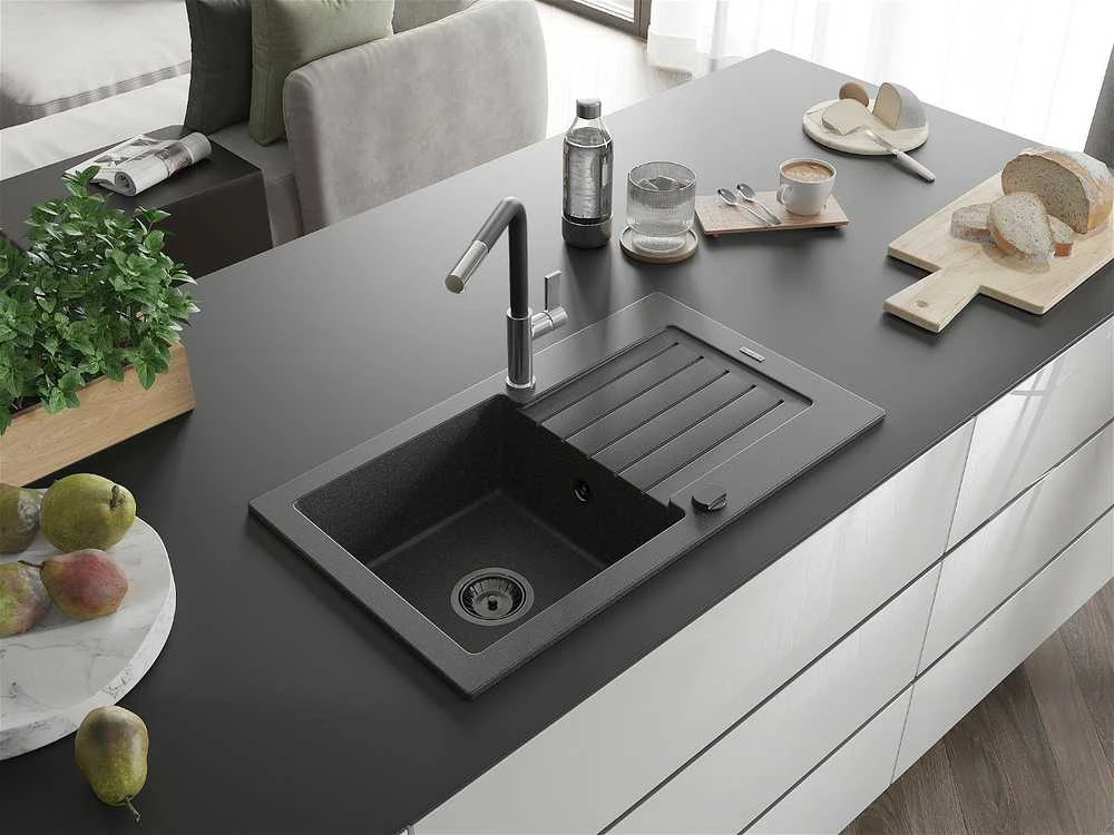 Granitinė virtuvinė plautuvė Mexen Pablo su maišytuvu ir sifonu, Juodas granite+Juodas/Chrome