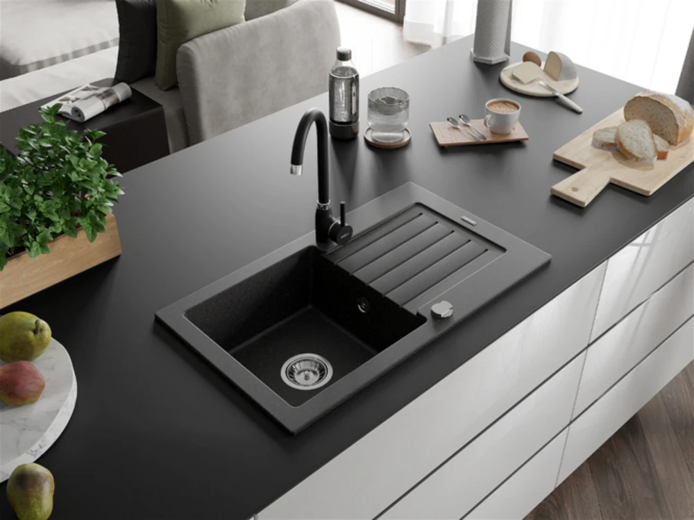 Granitinė virtuvinė plautuvė Mexen Pablo su maišytuvu ir sifonu, Juodas granite+Juodas