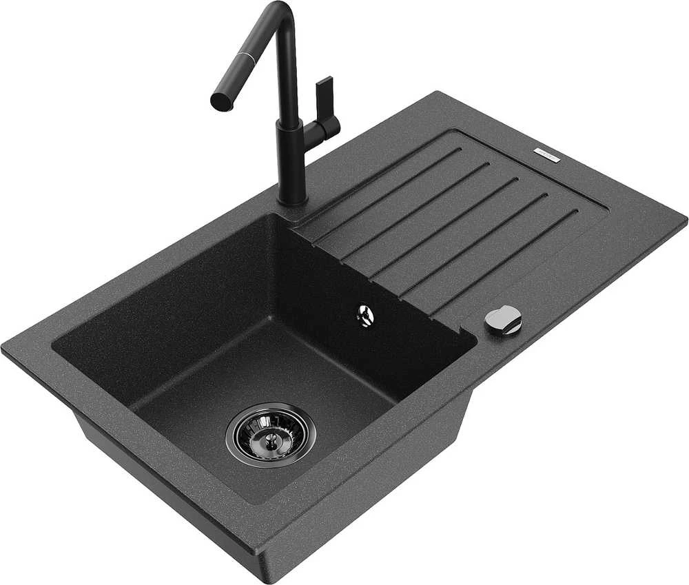 Granitinė virtuvinė plautuvė Mexen Pablo su maišytuvu ir sifonu, Juodas granite+Juodas