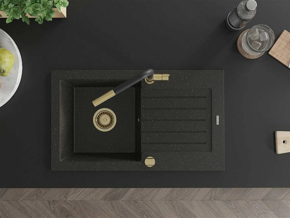 Granitinė virtuvinė plautuvė Mexen Pablo su maišytuvu ir sifonu, Metallic juodas/auksinis+Juodas/Gold