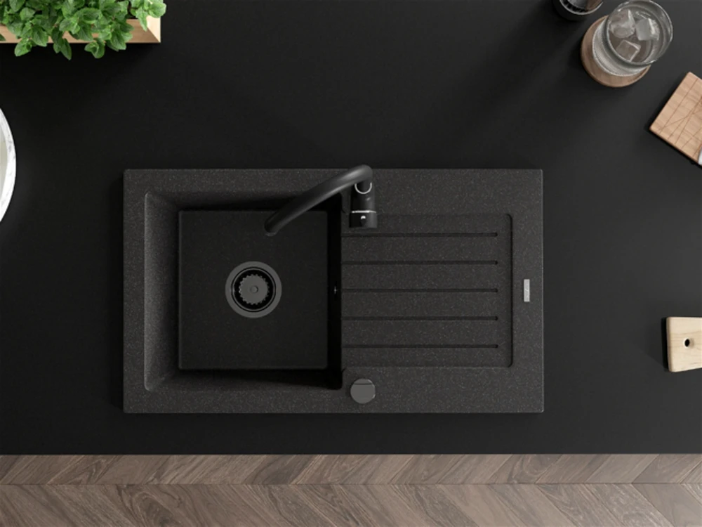 Granitinė virtuvinė plautuvė Mexen Pablo su maišytuvu ir sifonu, Juodas granite+Juodas(B)