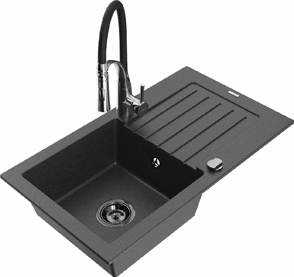 Granitinė virtuvinė plautuvė Mexen Pablo su maišytuvu ir sifonu, Juodas granite+Juodas/Chrome