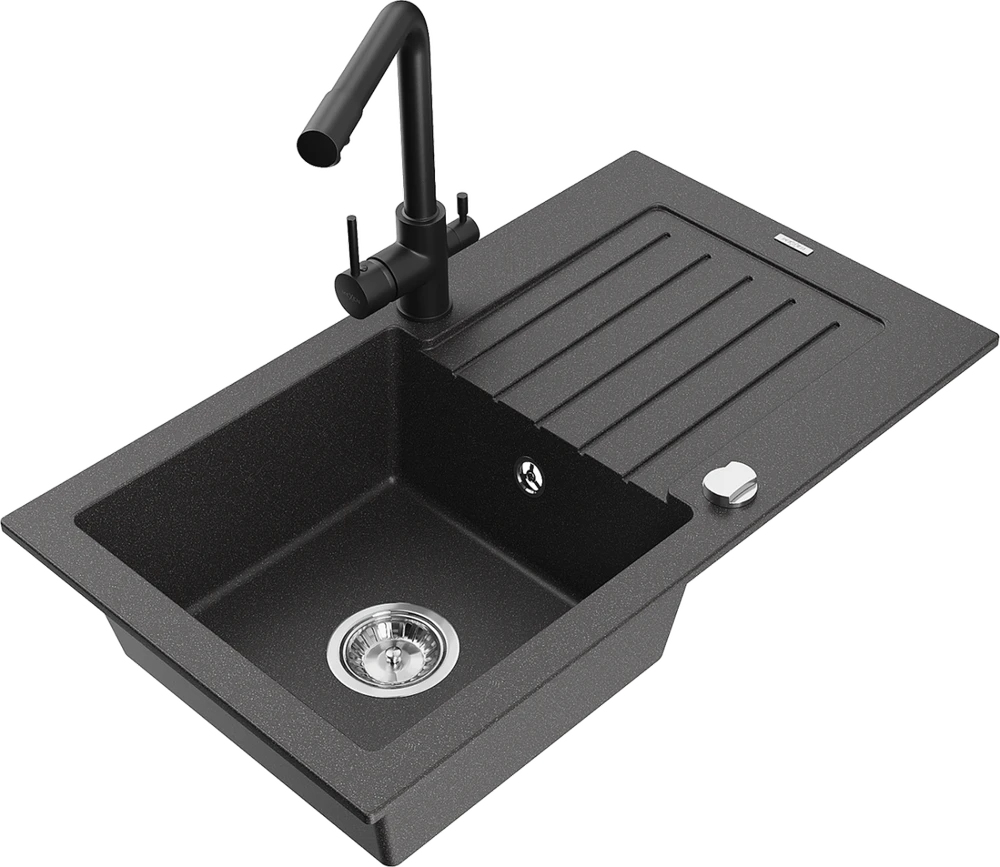 Granitinė virtuvinė plautuvė Mexen Pablo su maišytuvu ir sifonu, Juodas granite+Juodas