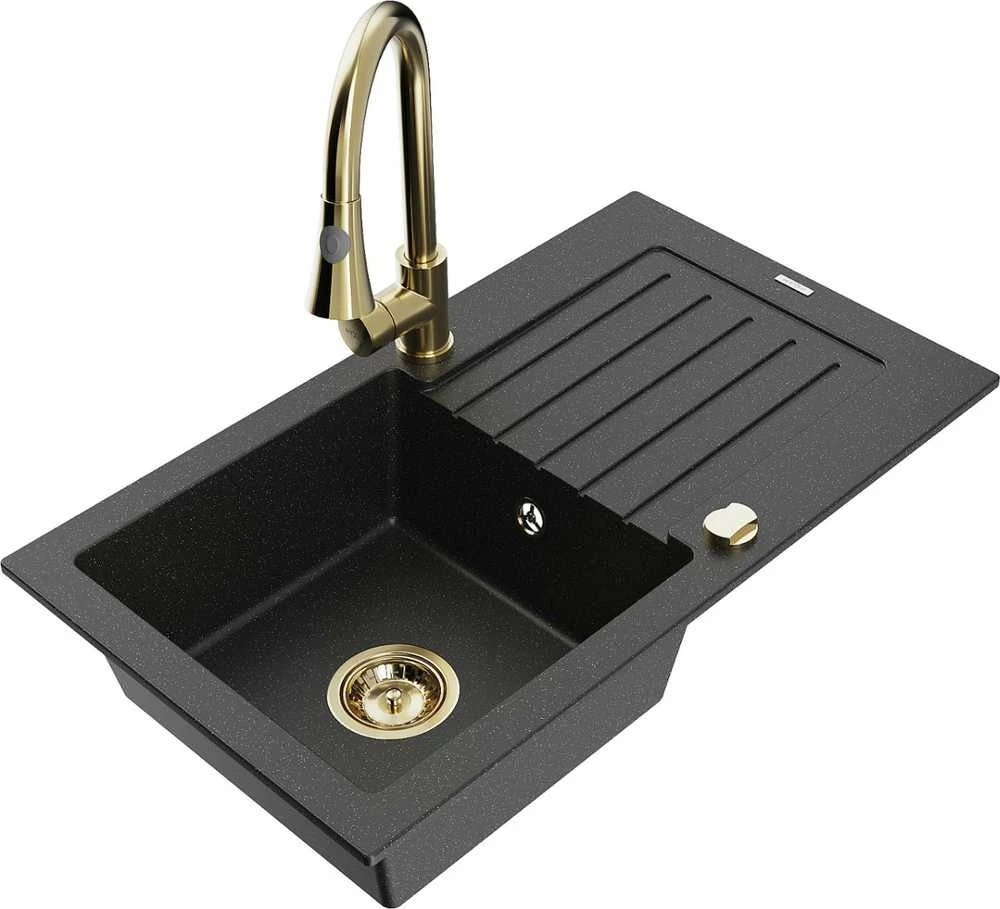 Granitinė virtuvinė plautuvė Mexen Pablo su maišytuvu ir sifonu, Metallic juodas/sidabrinis+Gold
