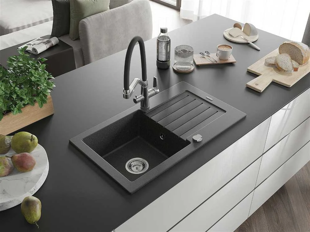 Granitinė virtuvinė plautuvė Mexen Pablo su maišytuvu ir sifonu, Juodas granite+Juodas/Chrome