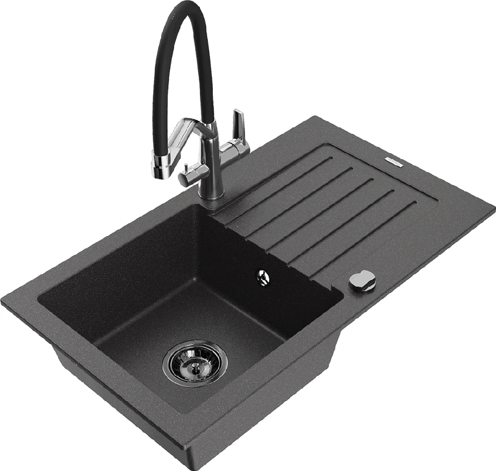 Granitinė virtuvinė plautuvė Mexen Pablo su maišytuvu ir sifonu, Juodas granite+Juodas/Chrome