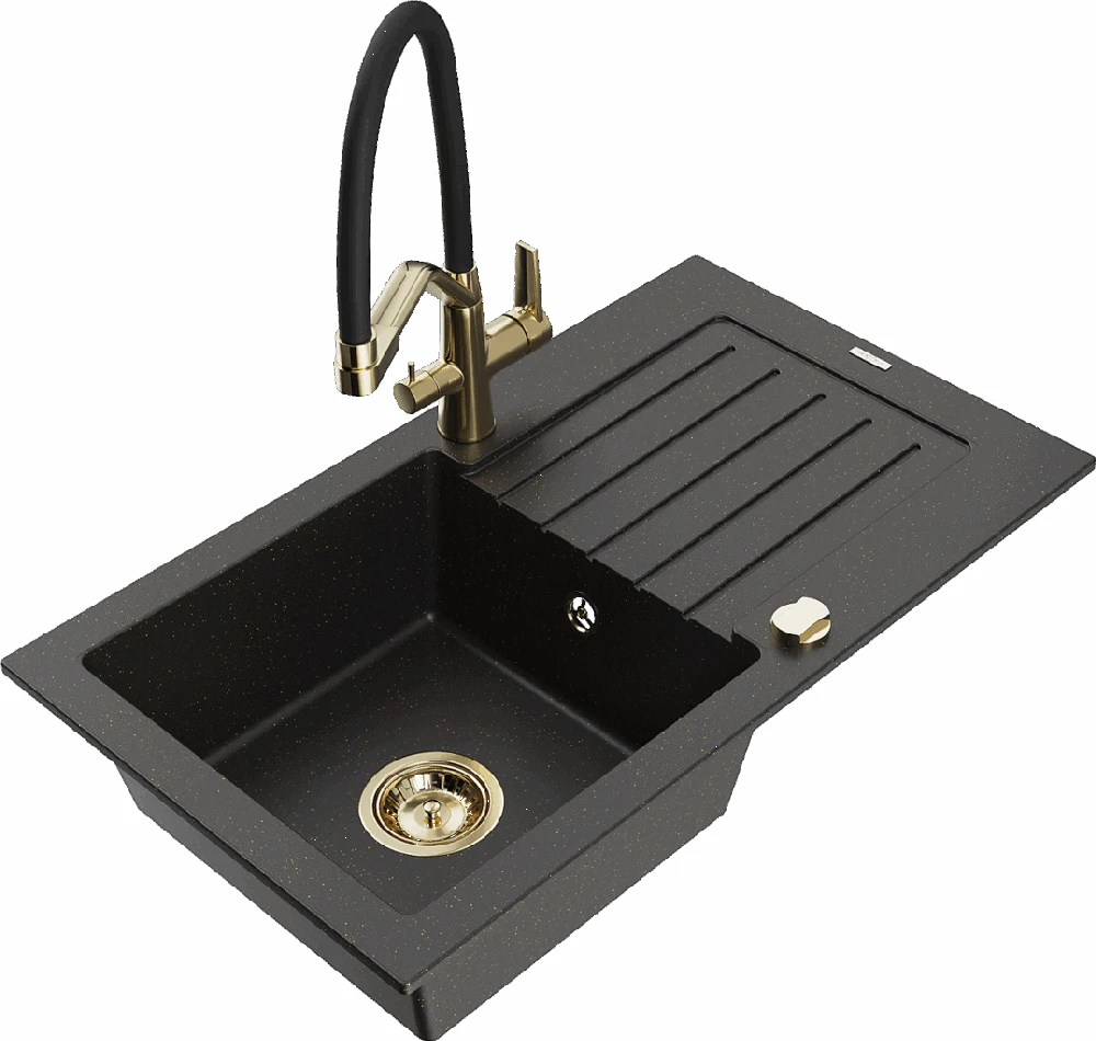Granitinė virtuvinė plautuvė Mexen Pablo su maišytuvu ir sifonu, Metallic juodas/auksinis+Juodas/Gold