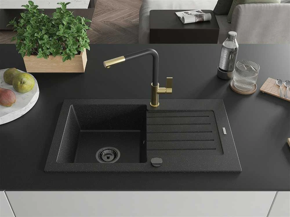 Granitinė virtuvinė plautuvė Mexen Pablo su maišytuvu ir sifonu, Metallic juodas/sidabrinis+Juodas/Gold